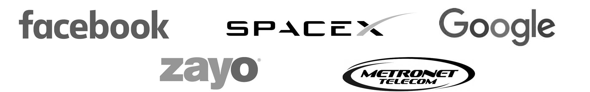 Logos of Facebook, Space-X, Google, Zayo, and Metronet